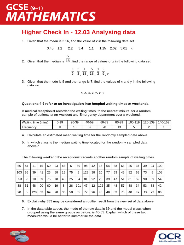 Higher Topic Check in 12.03 Analysing Data | PDF | Median | Mean