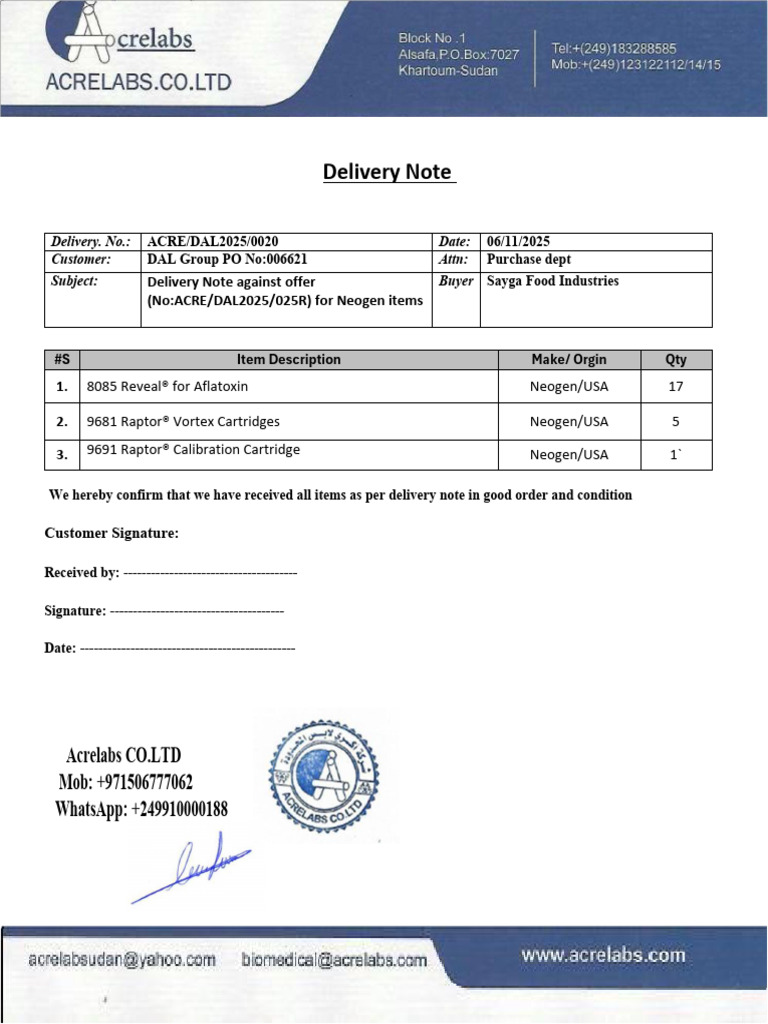 Delivery Note for Neogen Items | PDF