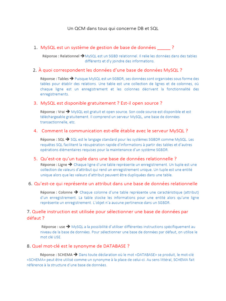 QCM sur MySQL et SQL pour débutants | PDF | Base de données ...
