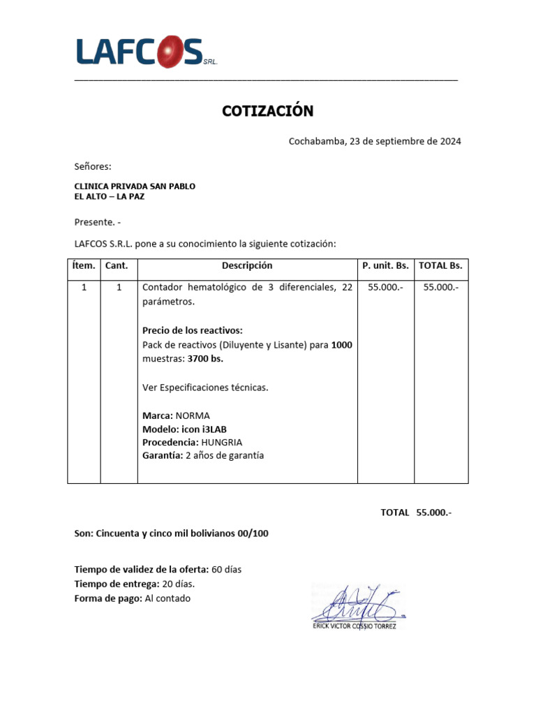 Contador Hematologico Icon I3lab Clinica Sanpablo El Altp 23.09.2024 | PDF