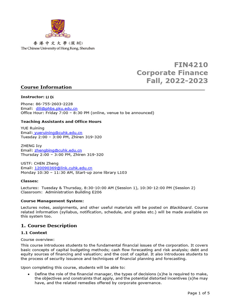 Corporate Finance Course Overview 2022 | PDF | Financial Accounting ...