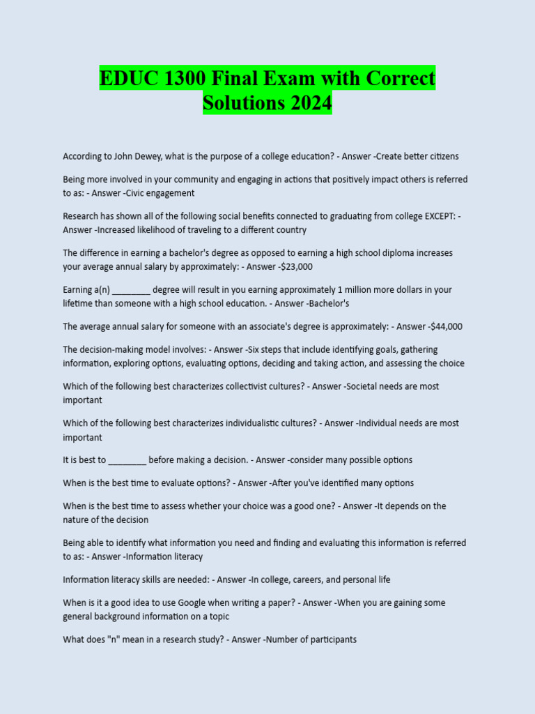 EDUC 1300 Final Exam Solutions 2024 | PDF | Critical Thinking ...