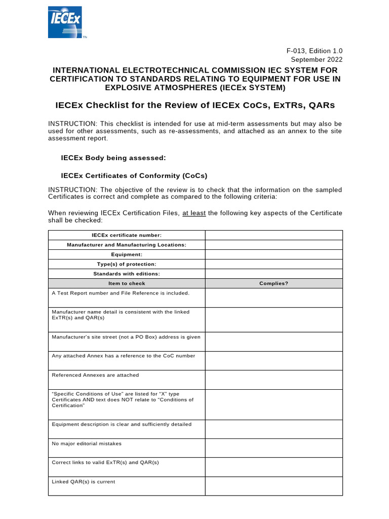 IECEx F 013ed1.0 Review Checklist | PDF | International Organization ...