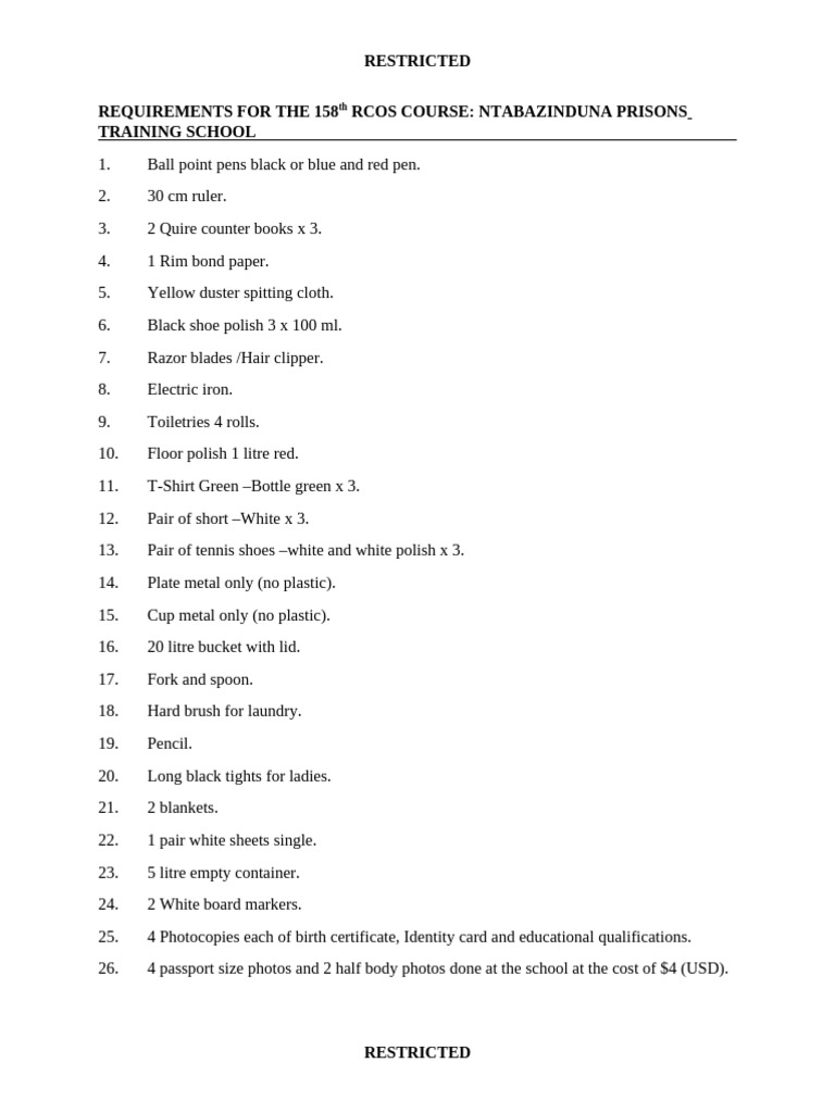 Requirements For The 158th Rcos Course | PDF
