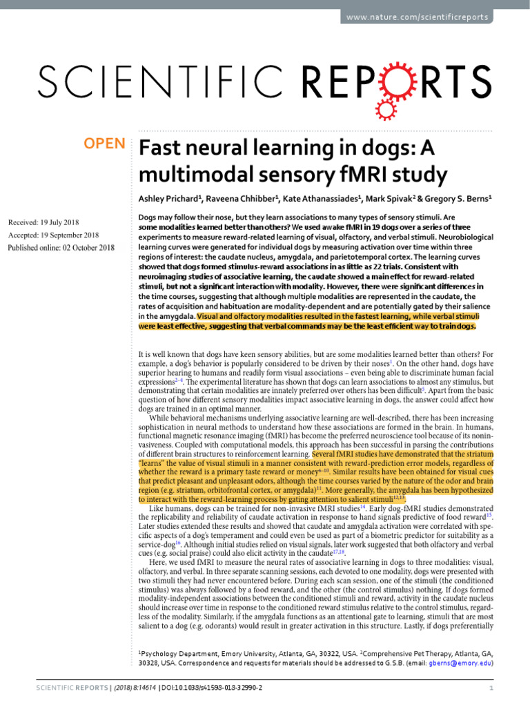 Fast Neural Learning in Dogs- A Multimodal Sensory FMRI Study | PDF ...