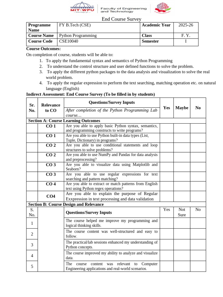 19. End Course Survey Python Programming Lab_ 2025 | PDF | Python ...