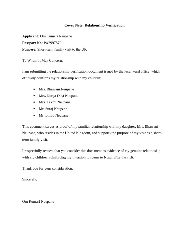 Cover Note For Relationship Verification | PDF
