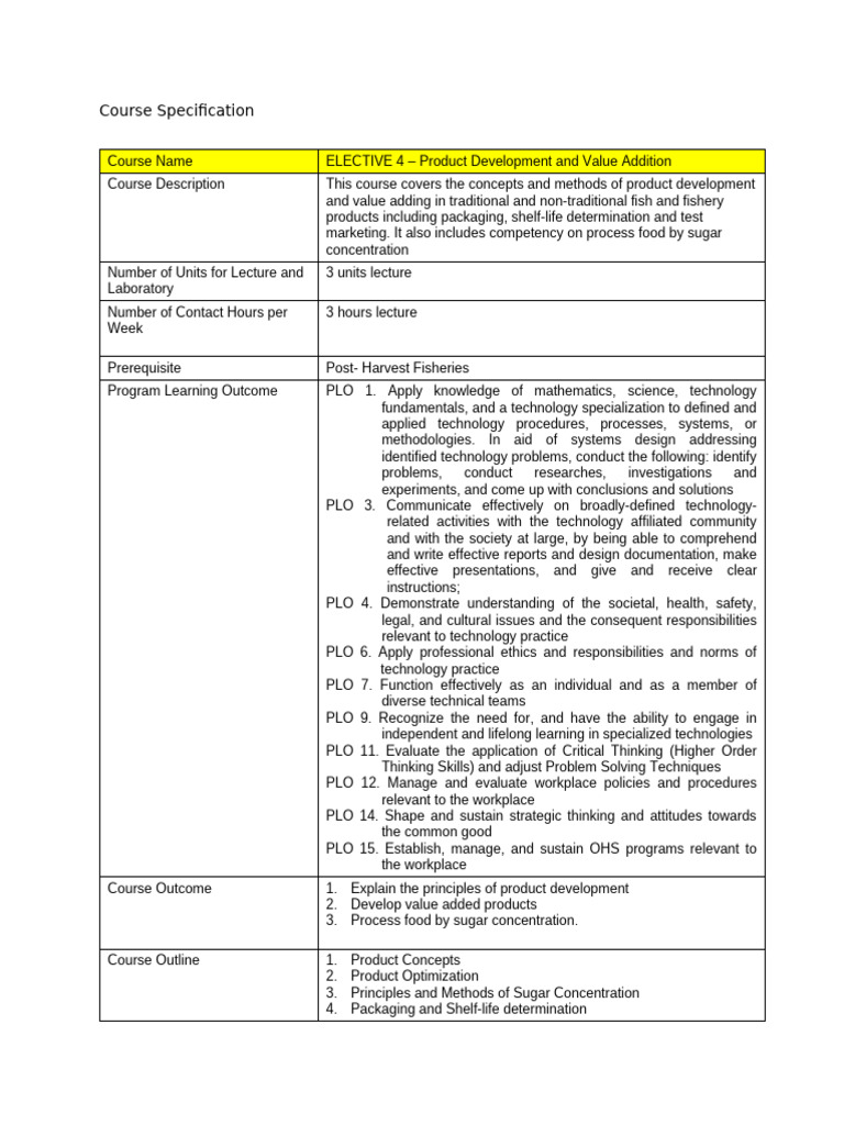 Product Development Course Specification | PDF | Learning | Methodology