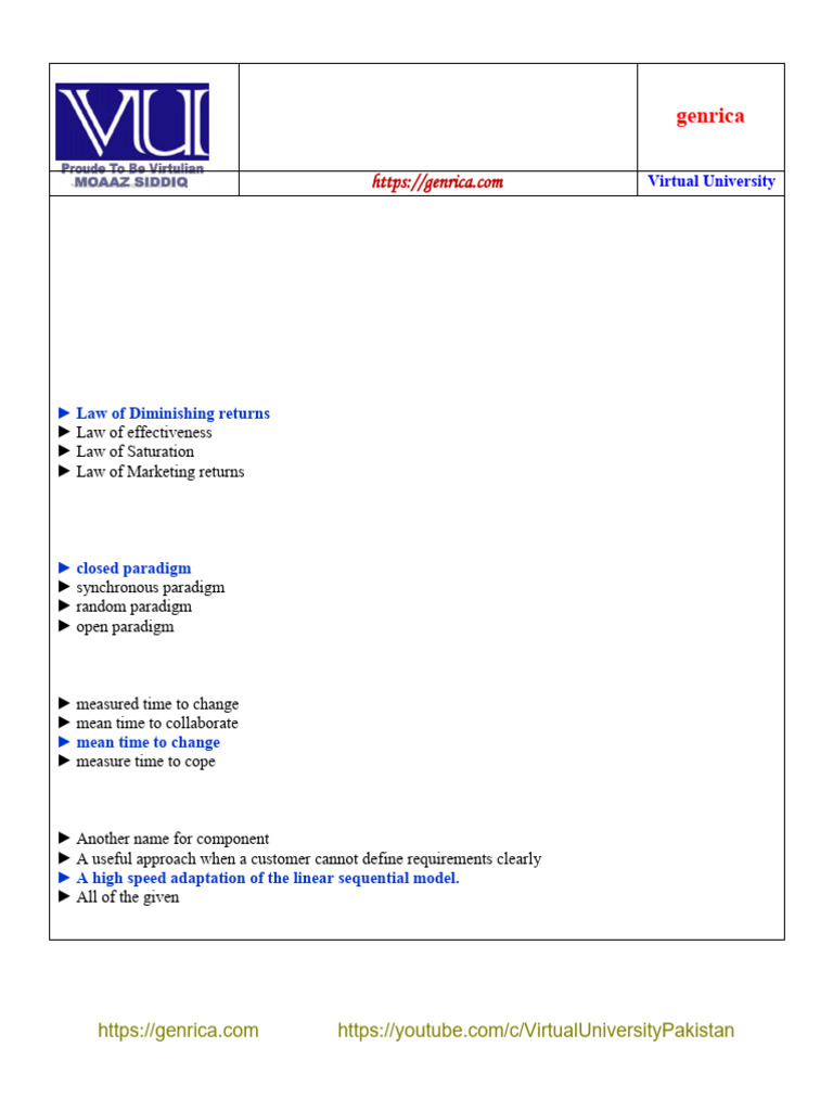 CS605 Software Engineering II MCQs Guide | PDF | Reliability ...