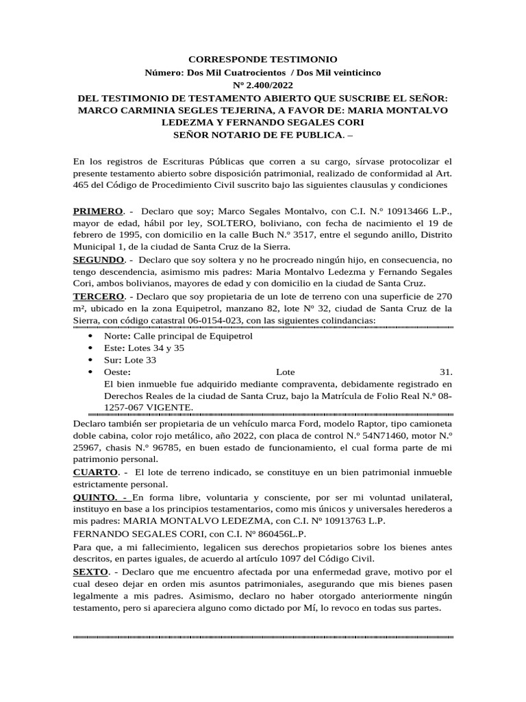 Testamento Abierto de Marco Segales Montalvo | PDF