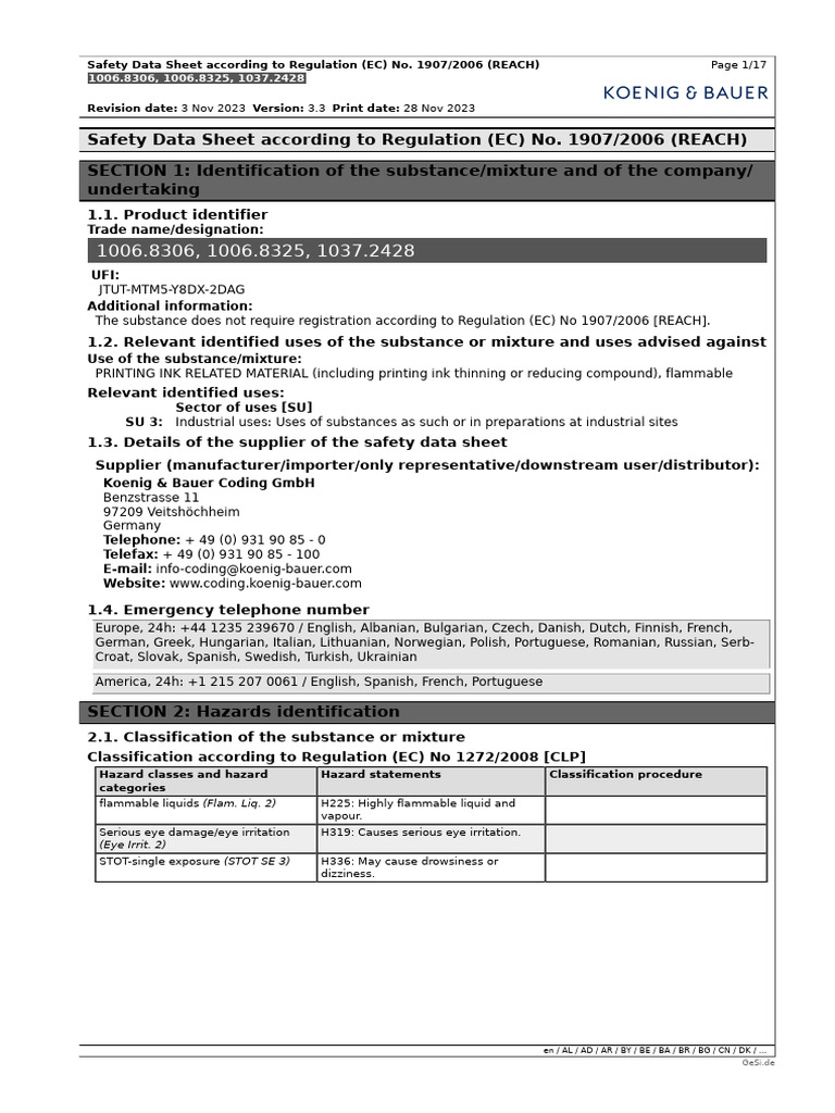 REACH Safety Data Sheet for Printing Ink | PDF | Occupational Safety ...