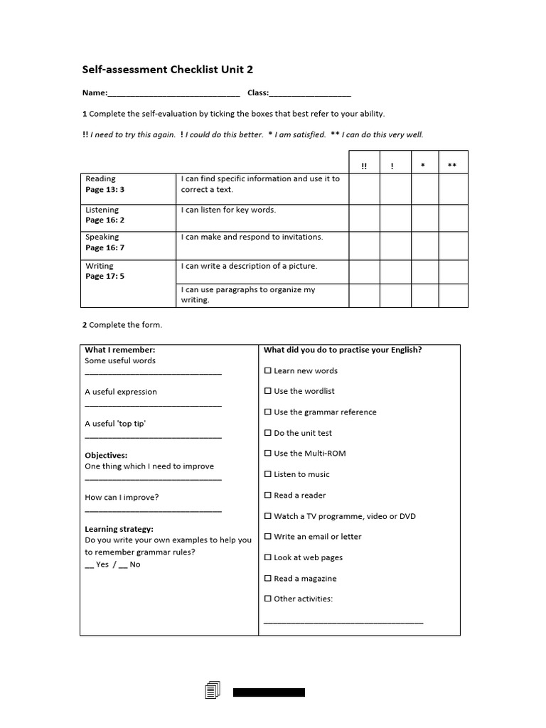 Unit 2 Self-Assessment Checklist | PDF
