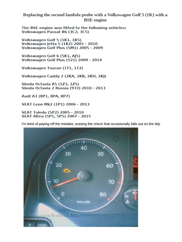 Replace Lambda Probe on VW Golf 5 BSE | PDF | Volkswagen | Electrical ...