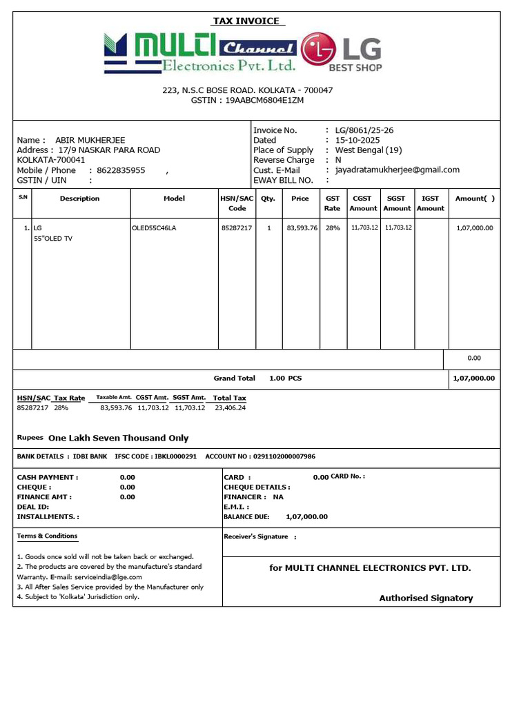 LG OLED TV Tax Invoice - Kolkata | PDF | Government Finances | Taxes