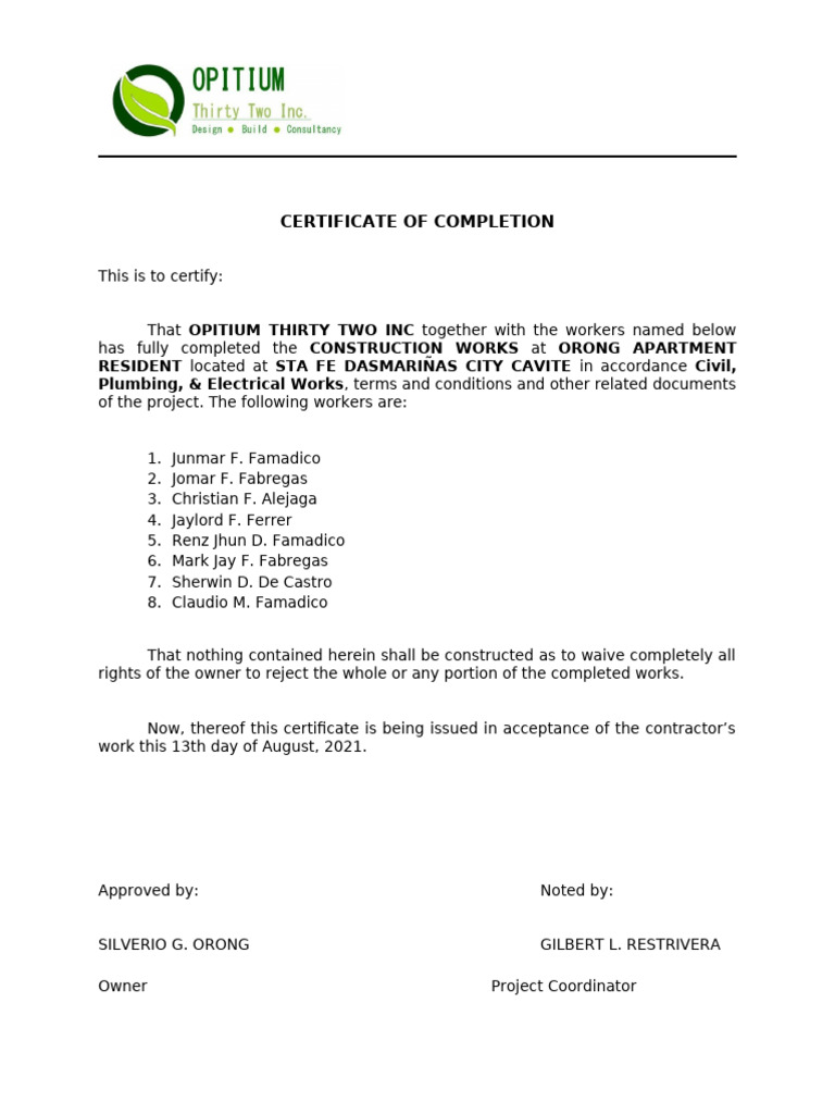 Certificate of Completion for Orong Apartment | PDF