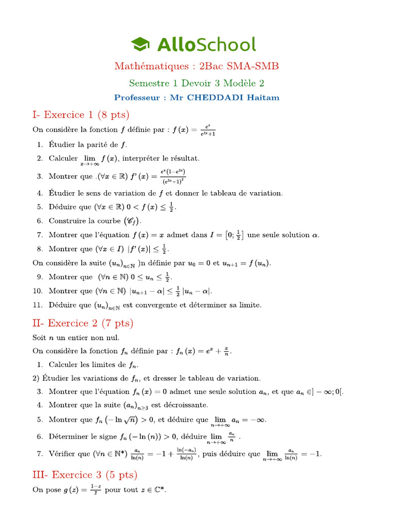 Maths 2bac SM Semestre 1 Devoir 3 Modele 2 1 | PDF