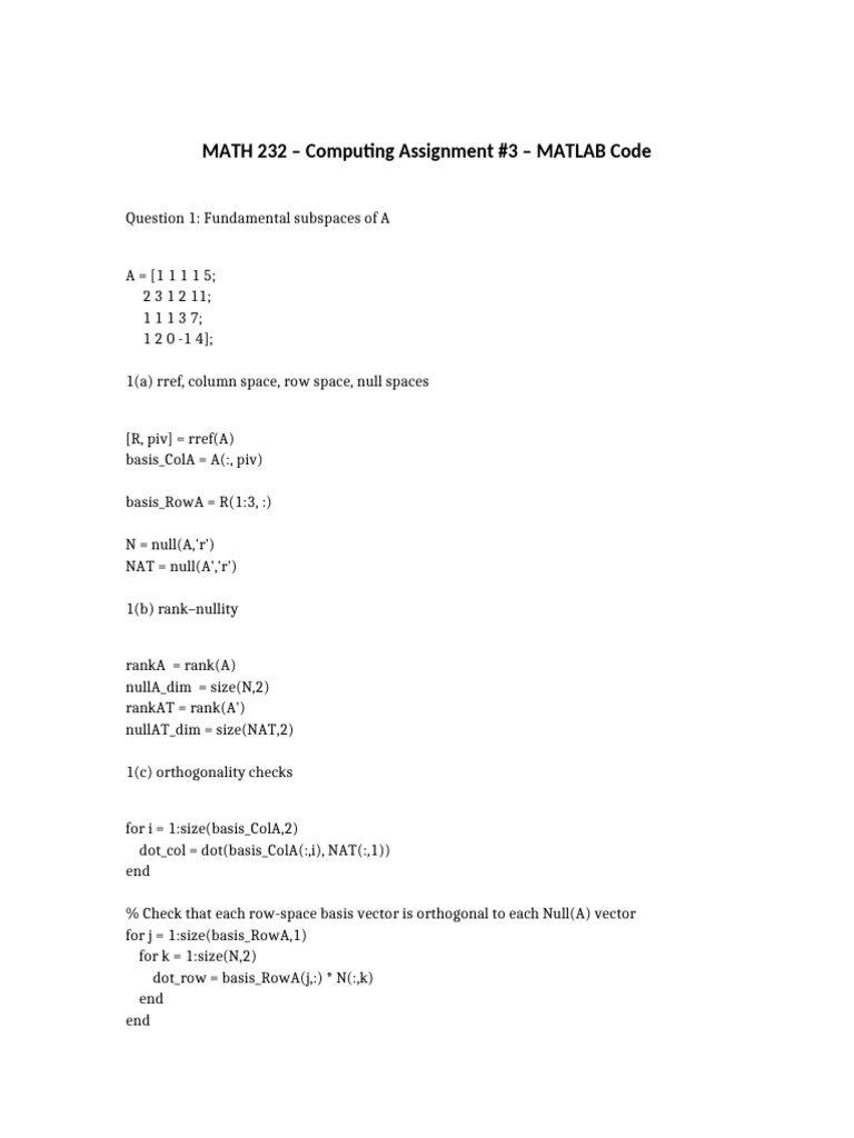 MATLAB Code for Linear Algebra Concepts | PDF