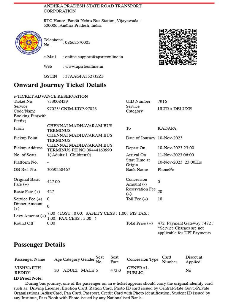Andhra Pradesh Bus Ticket Details | PDF | Identity Document