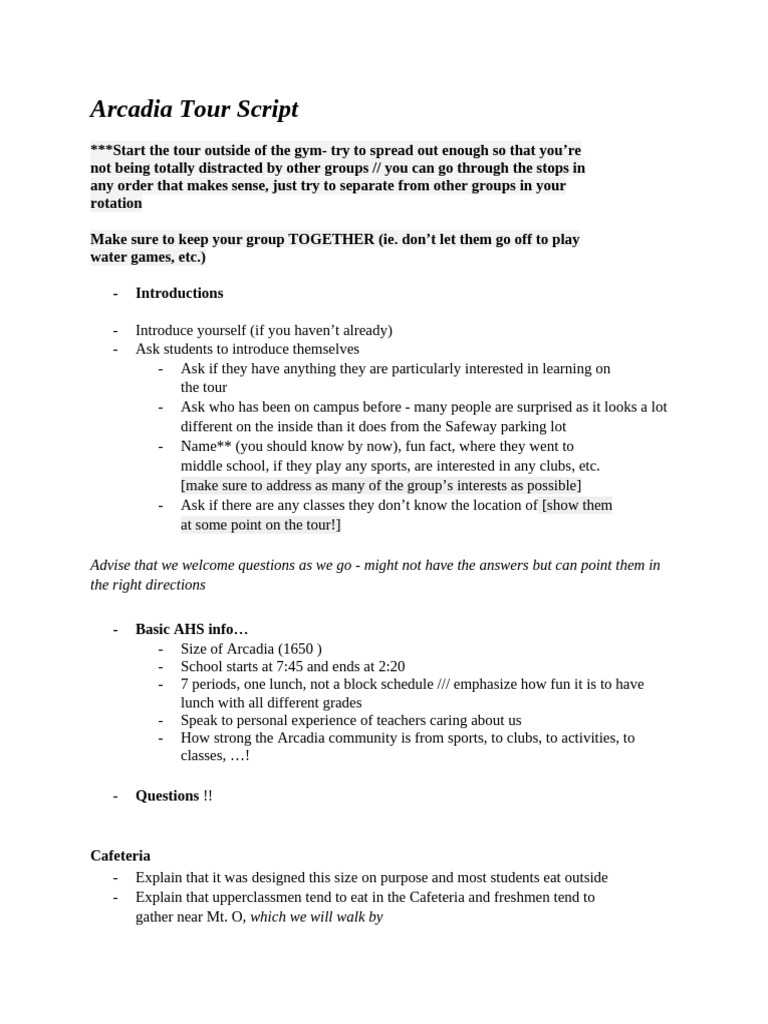 Arcadia High School Tour Guide Script | PDF