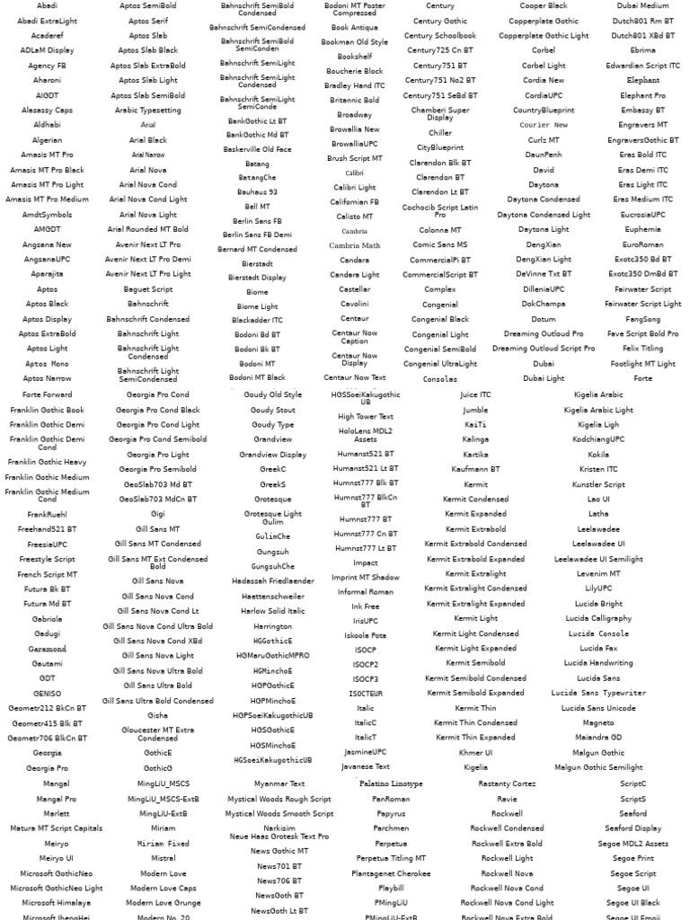 Comprehensive Font List Overview | PDF | Arial | Sans Serif Typefaces