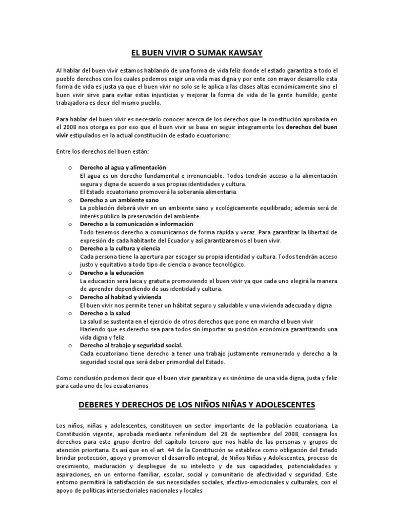El Buen Vivir o Sumak Kawsay PDF Adolescencia Derechos