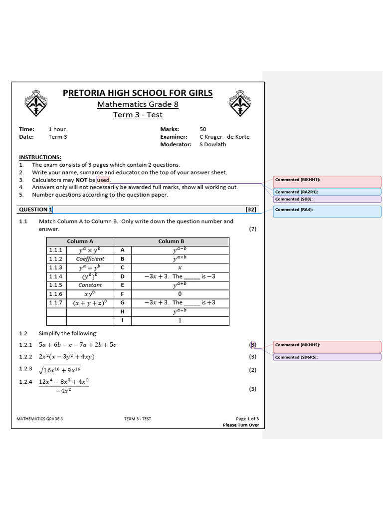 Grade 8 Term 3 Math Test Paper | PDF | Mathematics