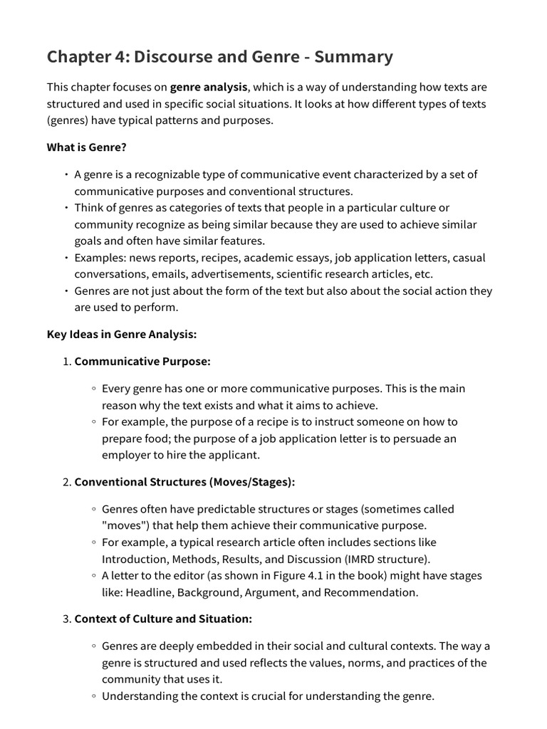 Chapter 4 - Discourse and Genre - Summary - 095226 | PDF | Genre ...