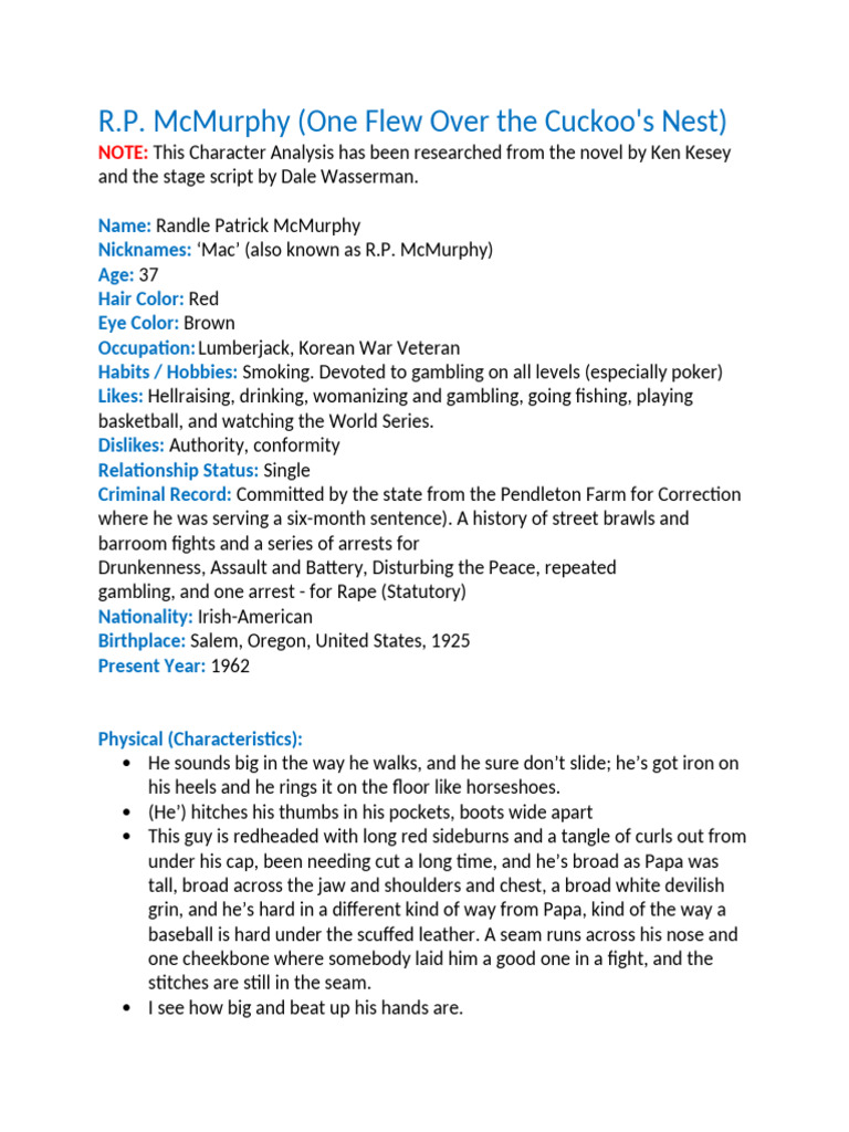 R.P. McMurphy Character Analysis | PDF