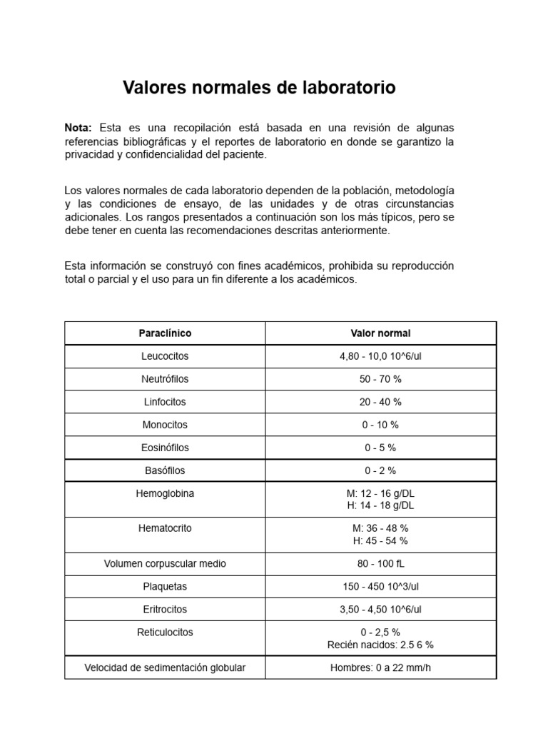 Valores Normales de Laboratorio Médicos | PDF | Hepatitis ...