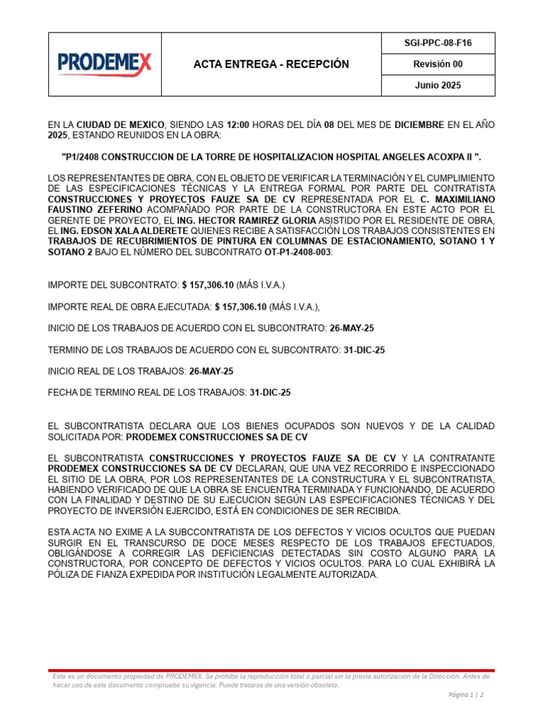Acta de Entrega y Recepción de Obra | PDF