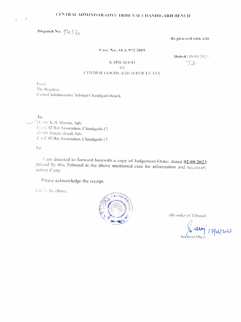 Macp Cat Order 10082023 Oa 972 2019 | PDF | Payments | Government Of India
