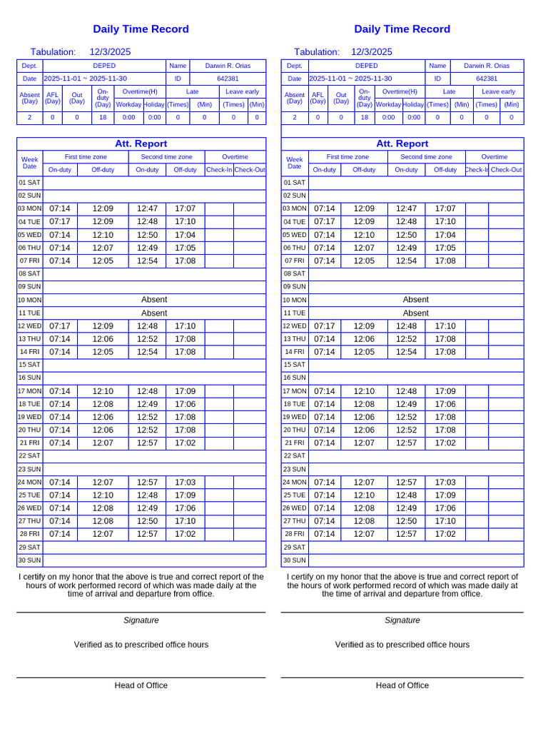 Daily Time Record for DEPED Employees | PDF