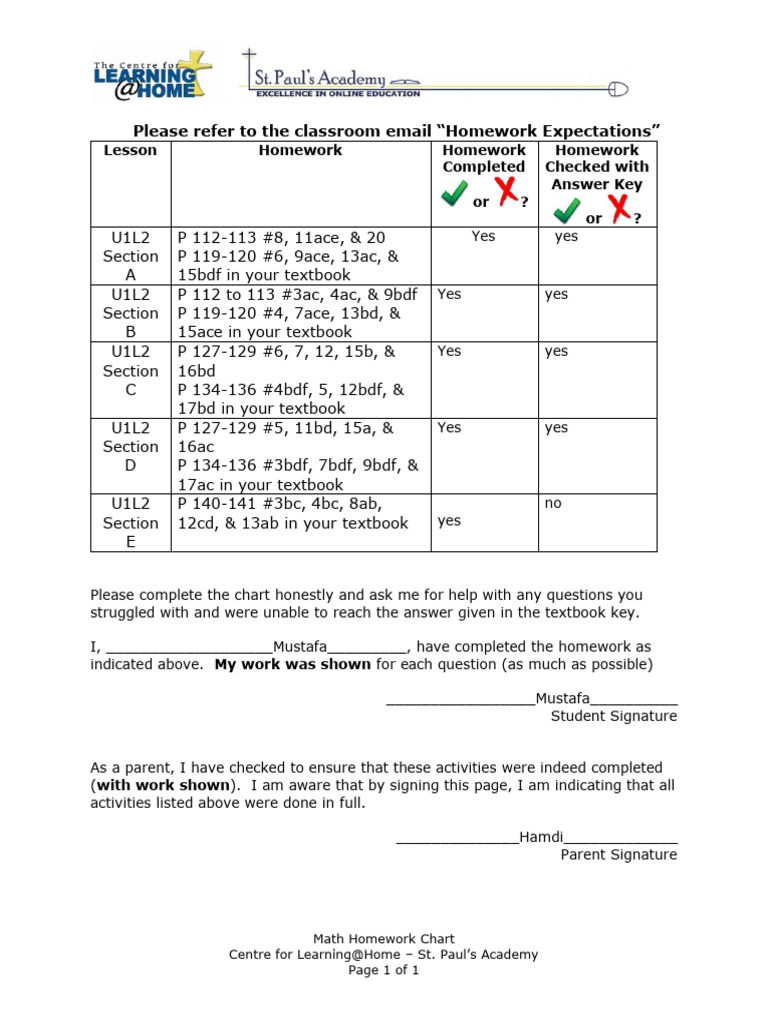Math Homework Completion Chart | PDF