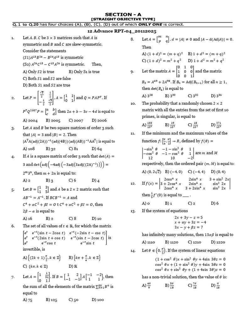 12 Adv., MAT-20.11. | PDF | Matrix (Mathematics) | Mathematical Objects