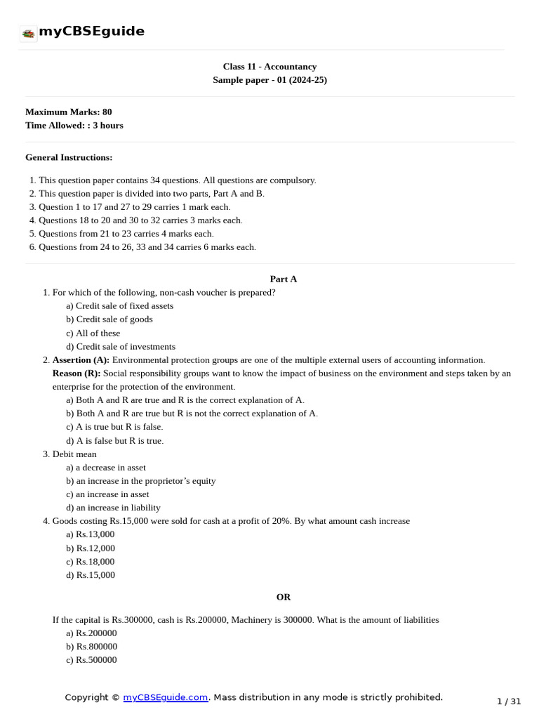 Class 11 Accountancy Sample Paper 2024-25 | PDF | Finance & Money ...