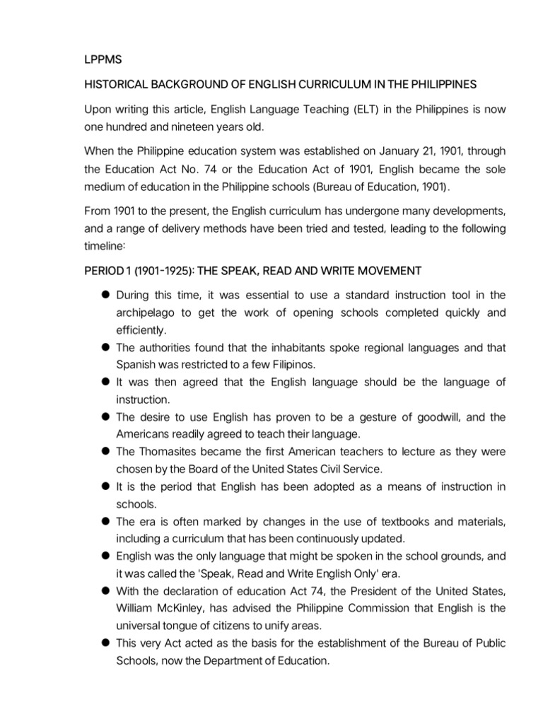 Historical Background of English Curriculum in The Philippines | PDF ...