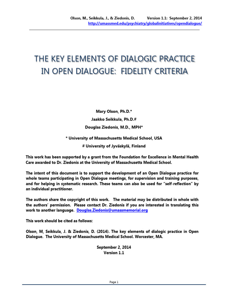 Key Elements of Open Dialogue Practice | PDF | Dialogue | Psychotherapy