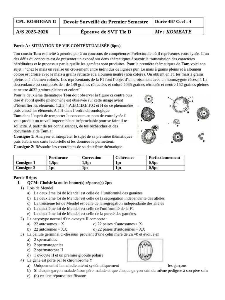 Devoir de SVT Tle D : Hérédité et Gamètes | PDF | Dominance (Génétique ...