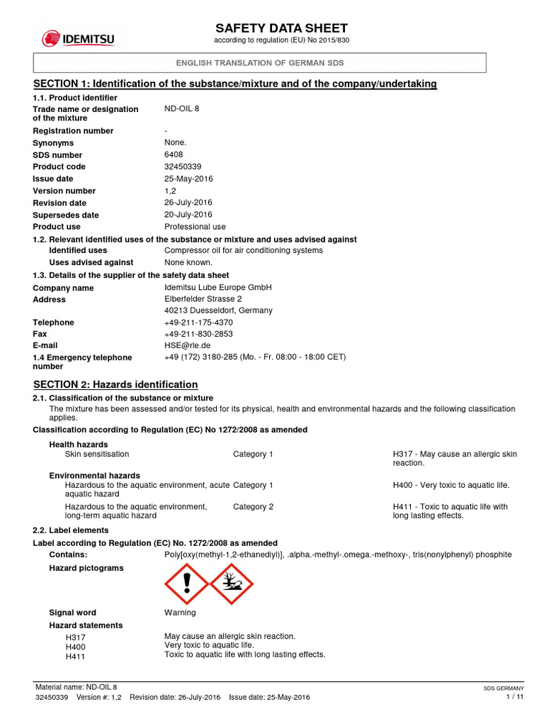 ND-OIL 8 Safety Data Sheet | PDF | Toxicity | Chemistry