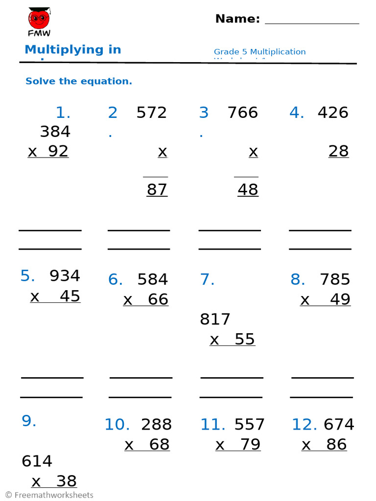 Grade 5 Column Multiplication Worksheet | PDF