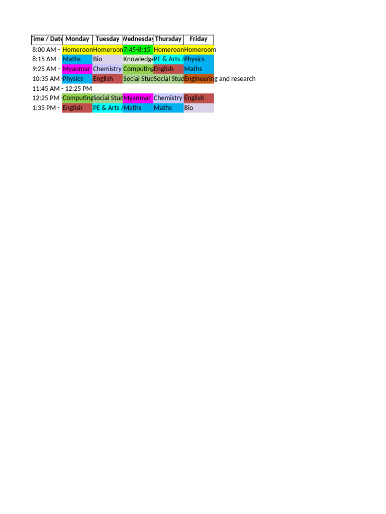 Sec1 Timetable Colored | PDF