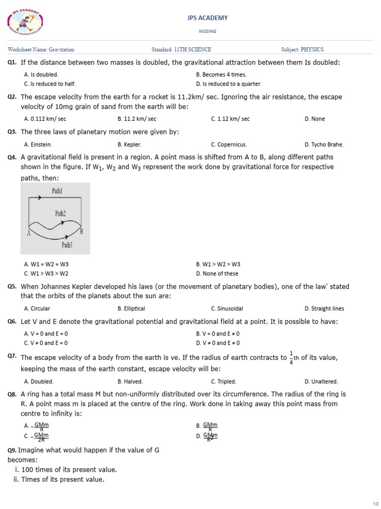 11th Grade Physics Worksheet: Gravitation | PDF | Mass | Gravity