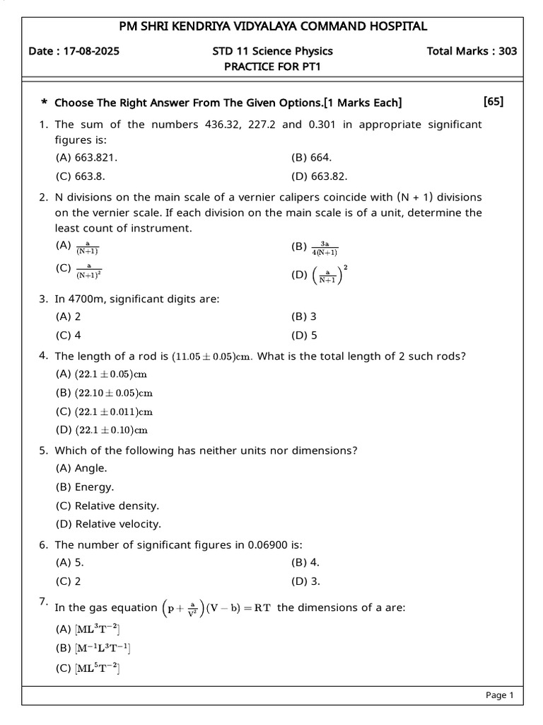 Physics Practice Questions for Class 11 | PDF | Force | Acceleration