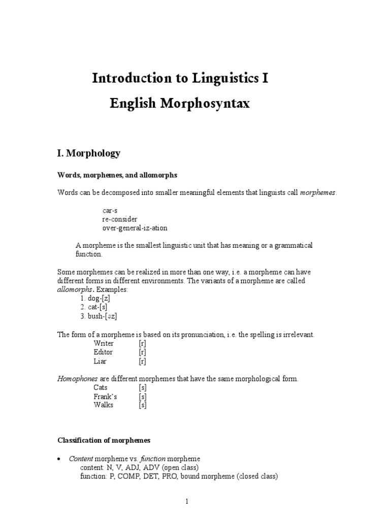 Introduction To Linguistics I English Morphosyntax | PDF | Grammatical ...