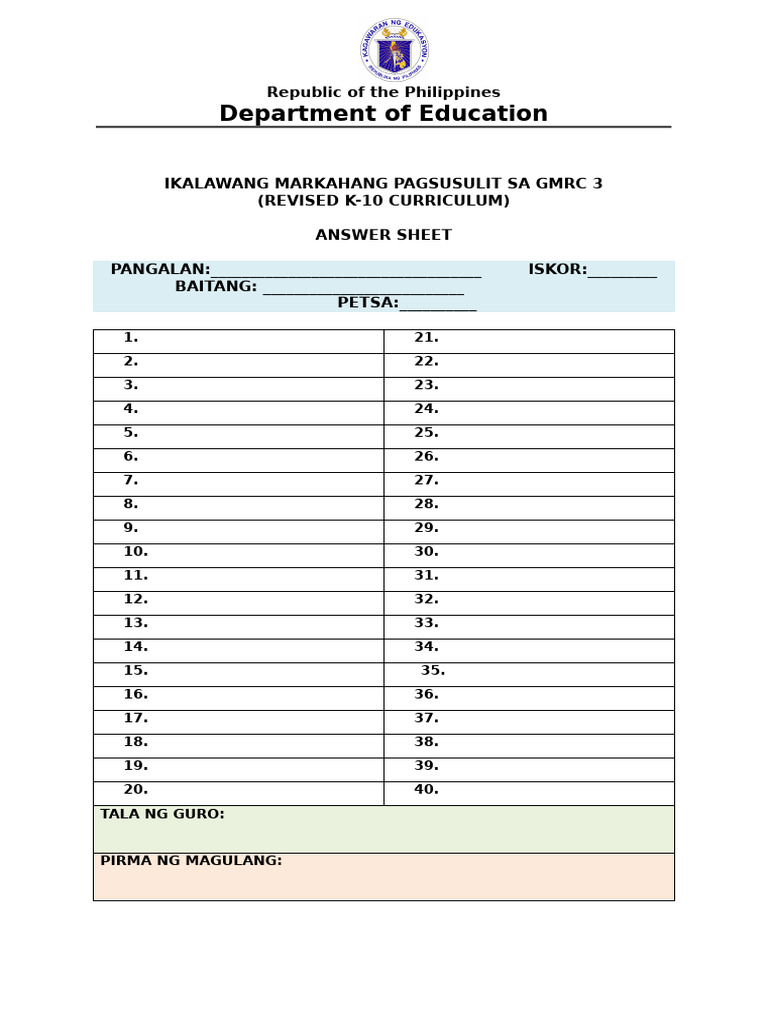 GMRC 3 Second Quarter Exam Answer Sheet | PDF