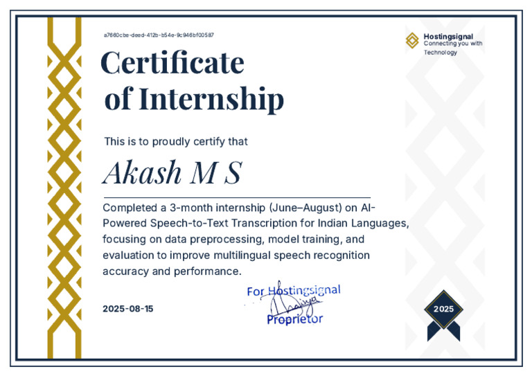 Certi Cate of Internship: Akash M S | PDF