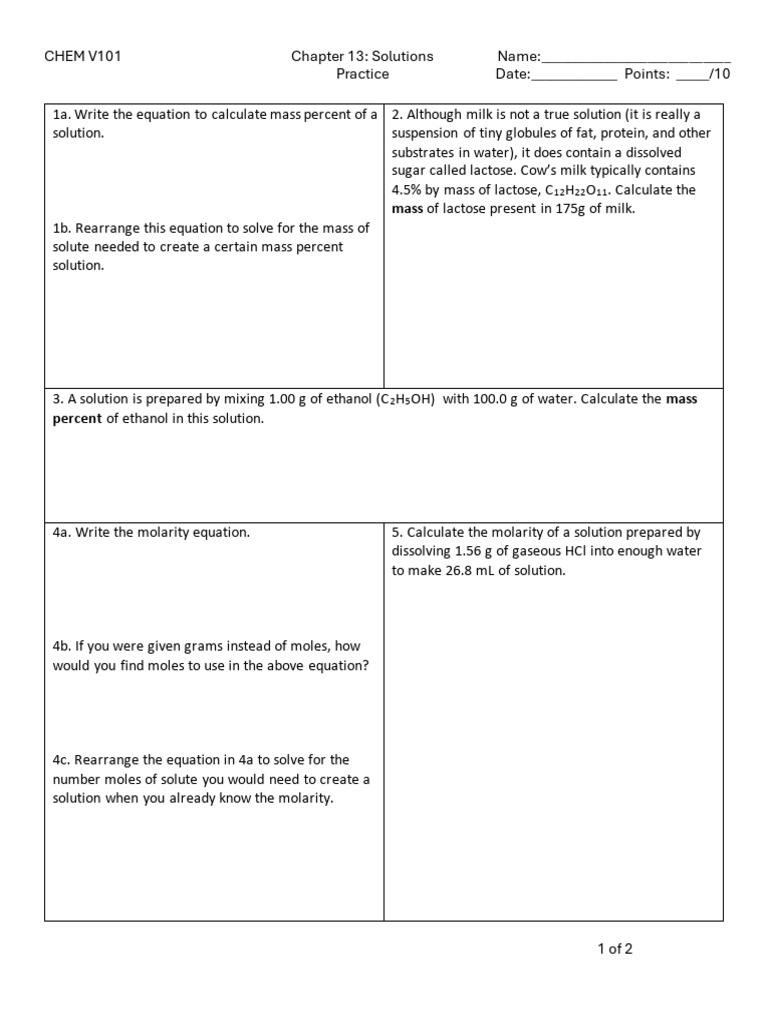 Solutions Practice Problems for CHEM V101 | PDF | Ethanol | Chemistry