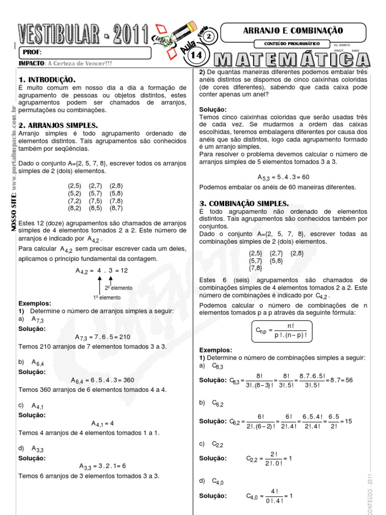 Aula14 Arranjo e Combinacao | Business | Matemática