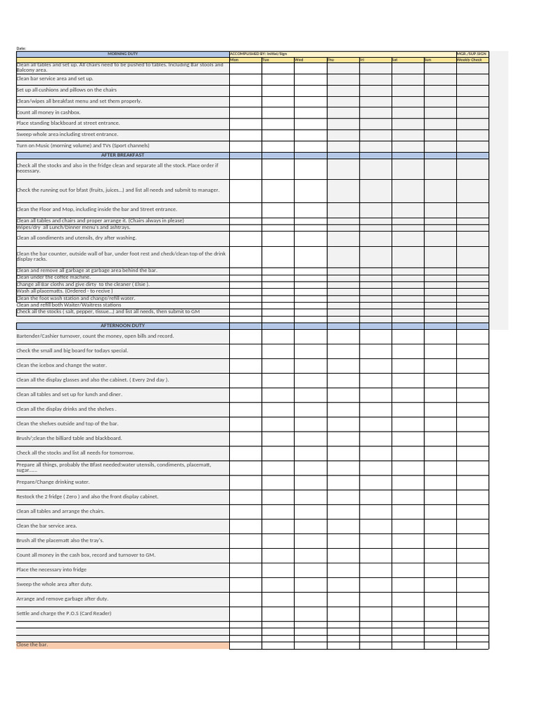 Weekly Bar Cleaning and Duty Checklist | PDF
