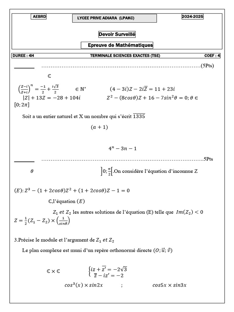 Devoir de Mathématiques TSE 2024-2025 | PDF | Nombre complexe | Algèbre ...